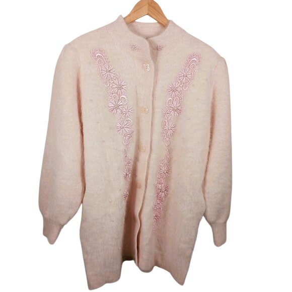 Lee Sands O/S Granny Core Long Angora Blend Baby Pink Cardigan W/ Embellishment - Picture 1 of 16